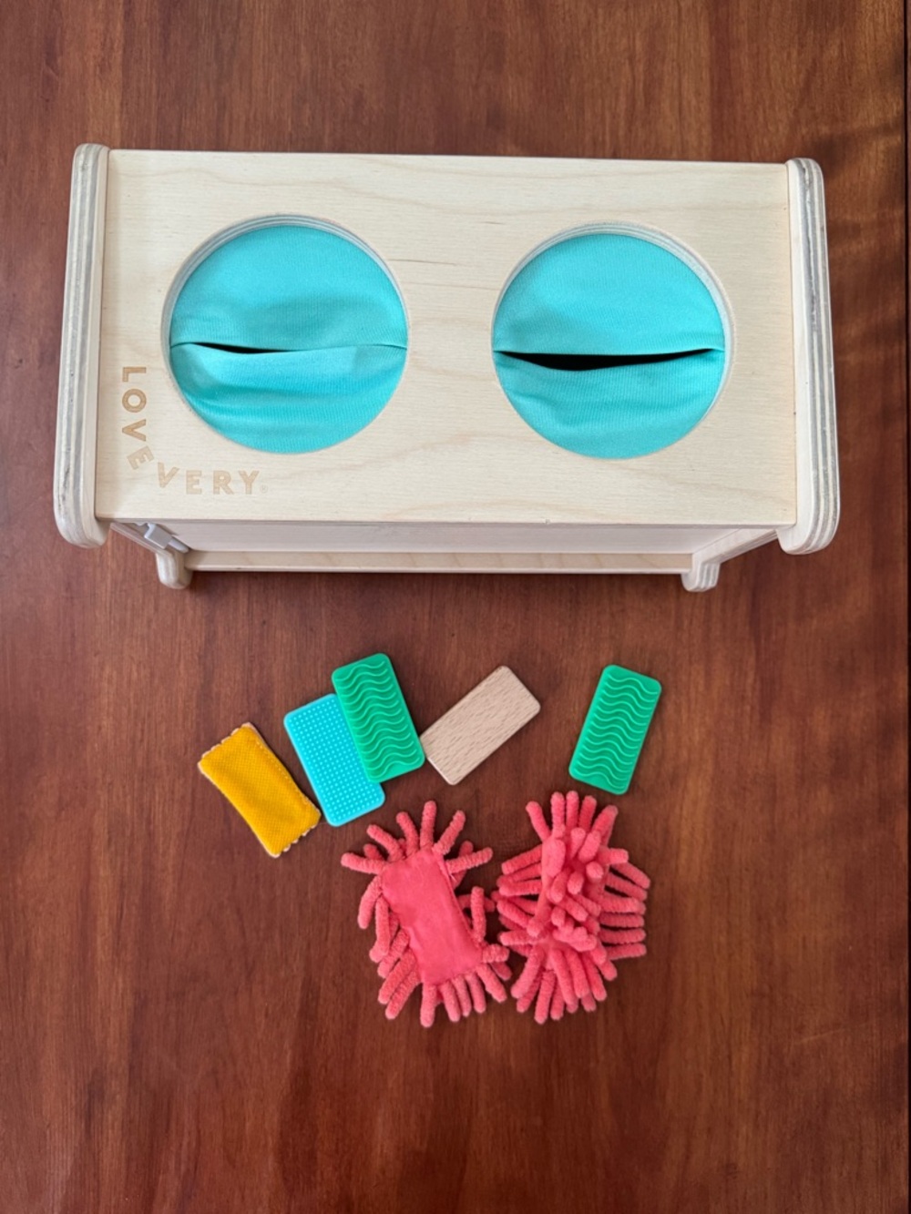 Lovevery Wooden Montessori Sensory Box with Teal Openings